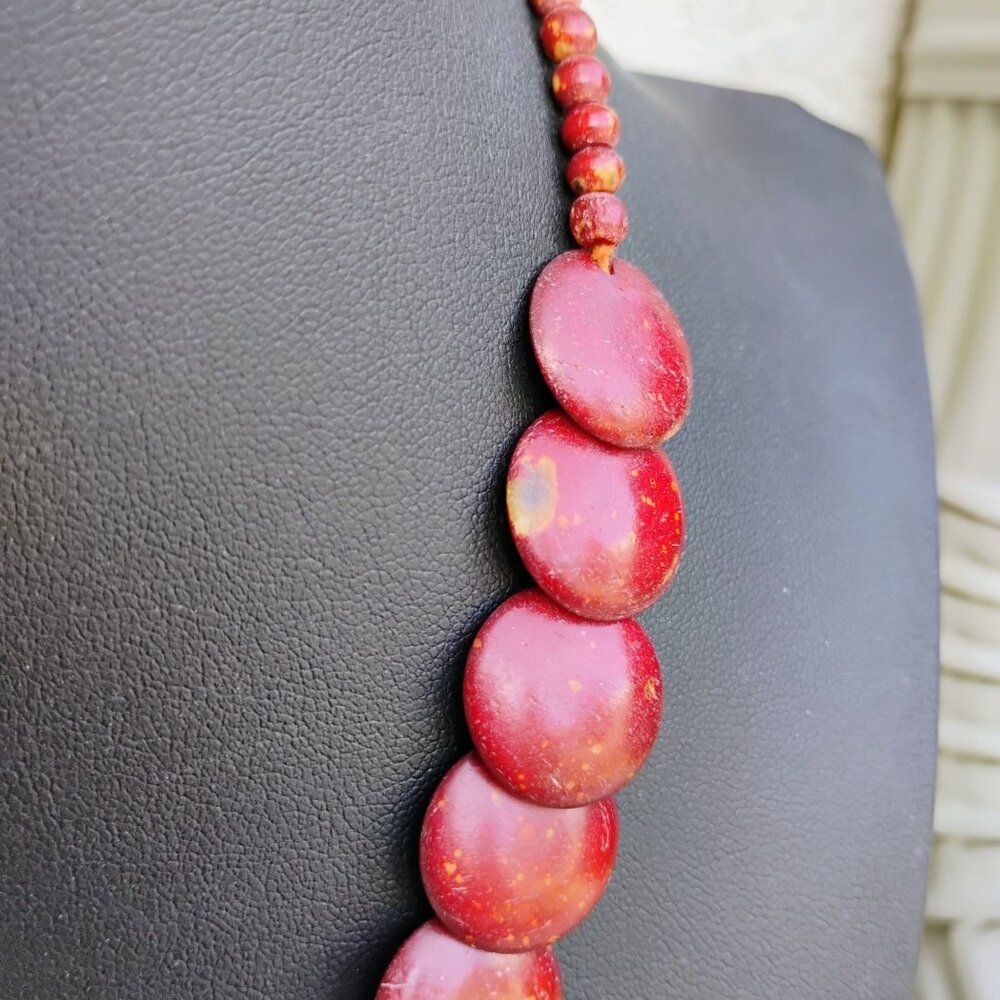 Vintage Artisan Glazed Graduated Red Disc Bead Necklace 19" Long Unique Boho - Picture 4 of 10